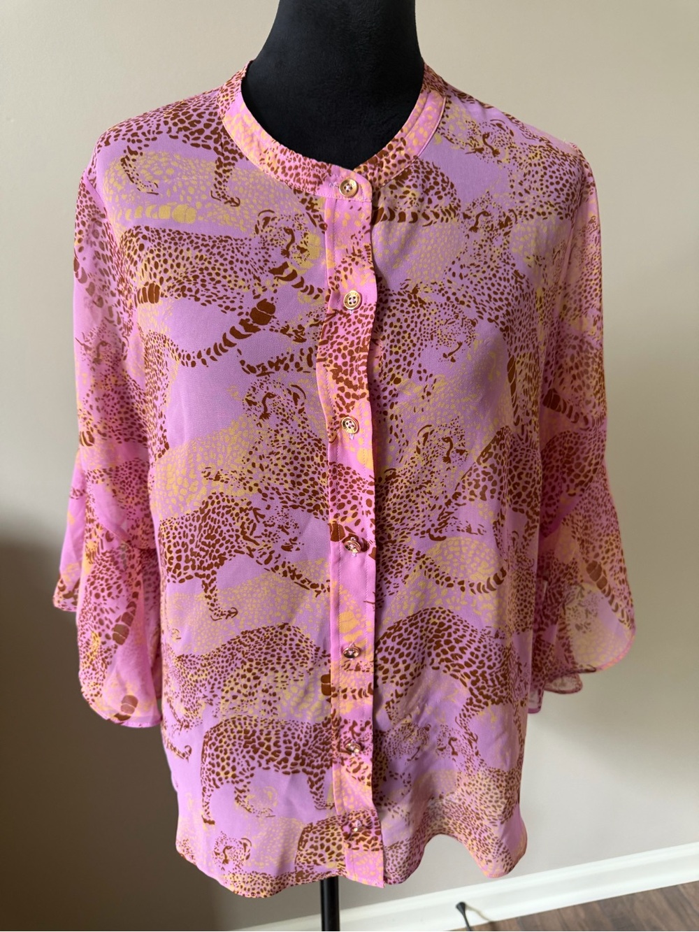 CAbi Serena Minx Sheer Pink Leopard-Print Button Blouse LG